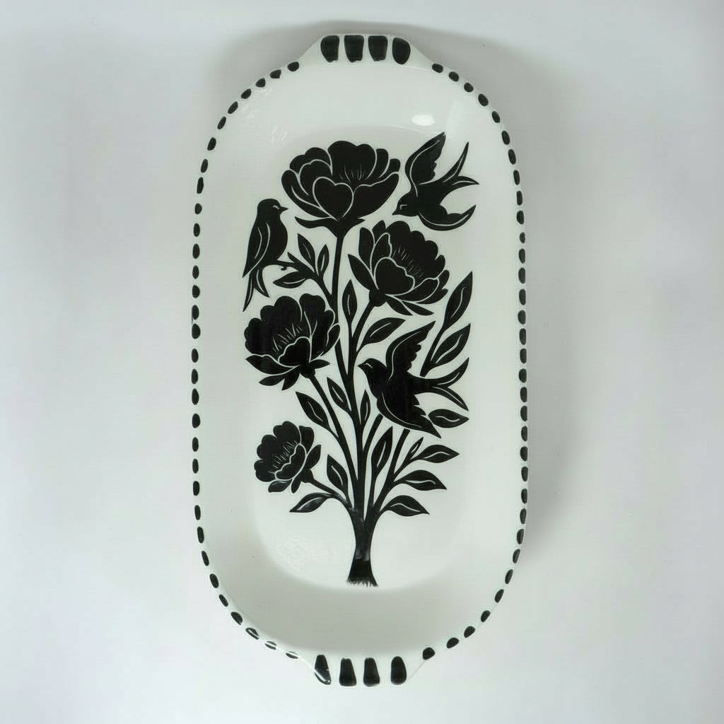 Bandeja Peonía con Alas| Cerámica esgrafiada y pintada a mano