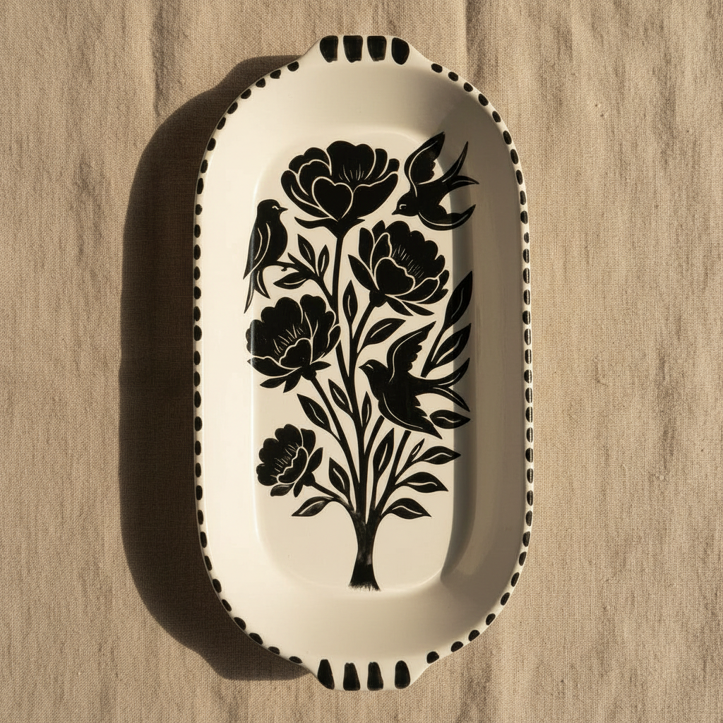 Bandeja Peonía con Alas| Cerámica esgrafiada y pintada a mano