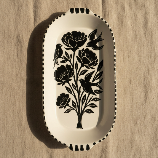 Bandeja Peonía con Alas| Cerámica esgrafiada y pintada a mano